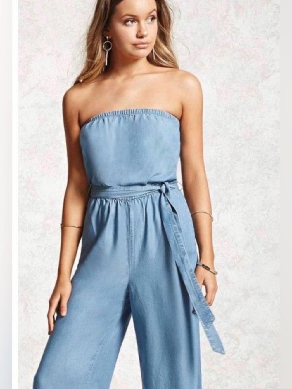 Strapless Chambray Denim Jumpsuit in Blue